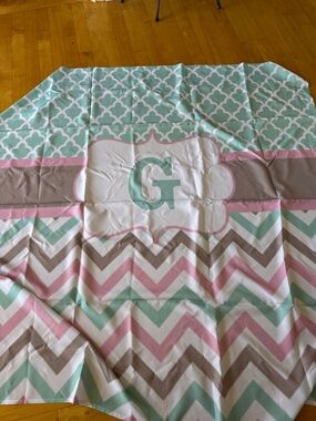 Monogram Chevron shower curtain  in Mint, Pink, and Taupe Letter G